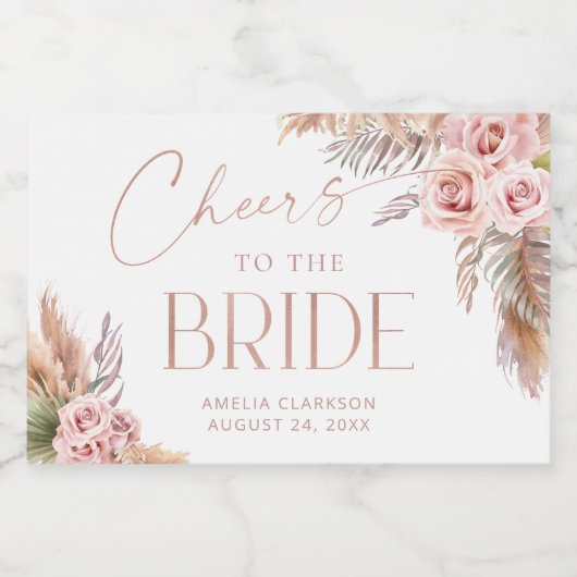 Boho Floral Pampas Roos Gold Cheers Mini Sparkling Wijnetiket (Enkel label)