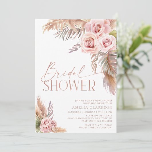 Boho Floral Pampas Roos Gold Vrijgezellenfeest Kaart (Staand voorkant)