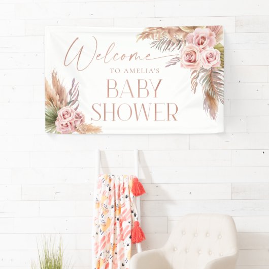Boho Floral Pampas Roos Gold Welcome Banner (Insitu)