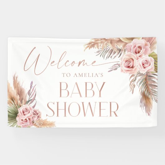 Boho Floral Pampas Roos Gold Welcome Banner (Horizontaal)