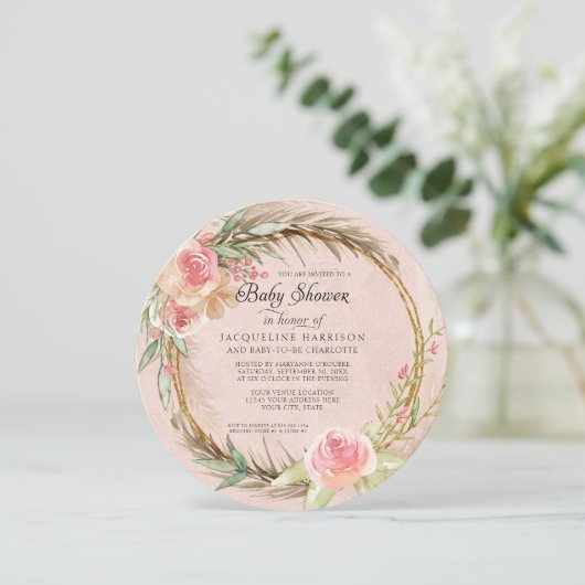 BOHO Floral Pampas roze Waterverf Wreate Baby Kaart (Staand voorkant)