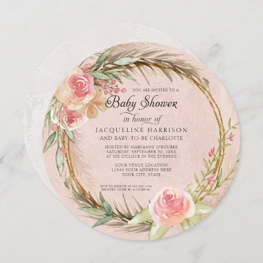 BOHO Floral Pampas roze Waterverf Wreate Baby Kaart (Voorkant / Achterkant)