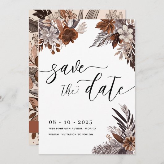 Boho Floral Pampas Save The Date Kaart (Voorkant / Achterkant)