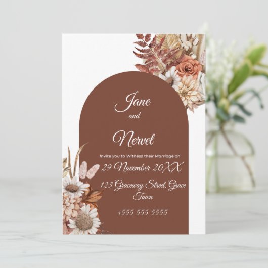 Boho Floral Pampas Wedding Invitation (Staand voorkant)