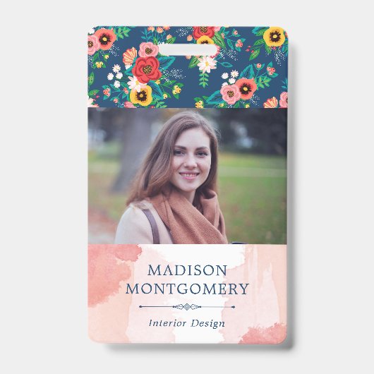 Boho Floral Pattern & Blush Pink Waterverf Foto Badge (Voorkant)
