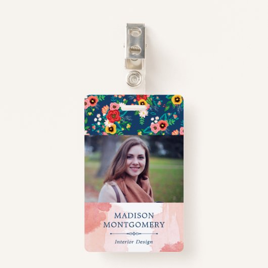 Boho Floral Pattern & Blush Pink Waterverf Foto Badge (Voorkant met clip)