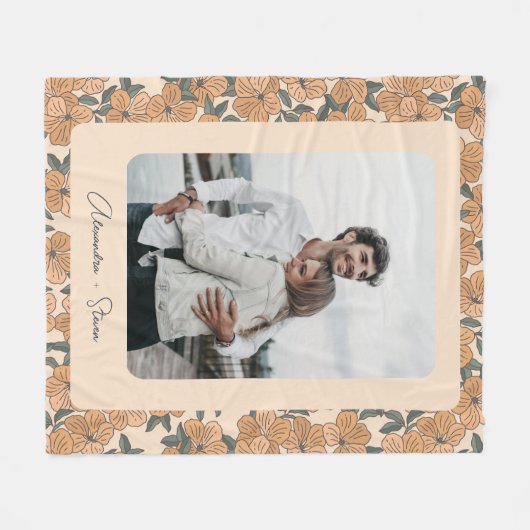 Boho Floral Pattern Custom Couple Foto Name Fleece Deken (Voorkant (Horizontaal))