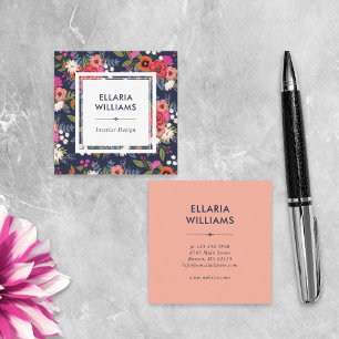 Boho Floral Pattern - Koraal & Marine Blauw Vierkante Visitekaartje