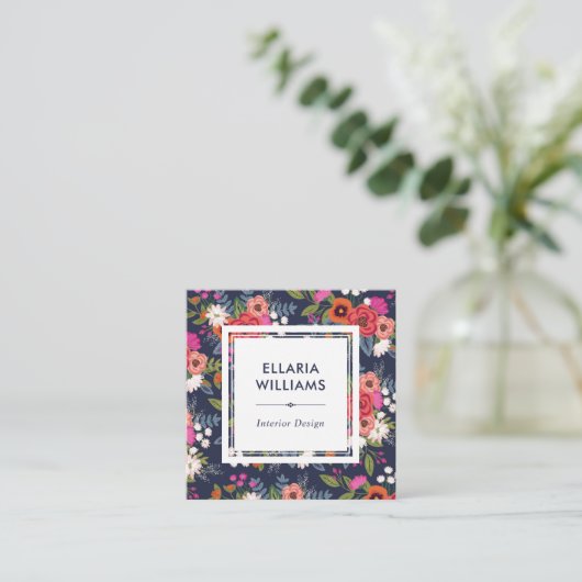 Boho Floral Pattern - Koraal & Marine Blauw Vierkante Visitekaartje (Staand voorkant)