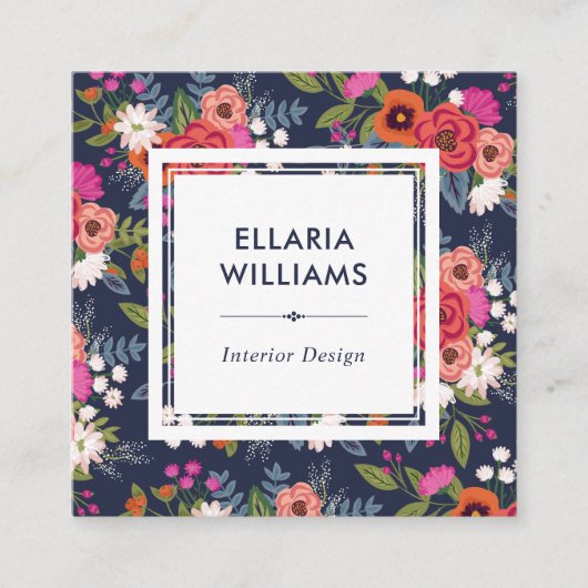 Boho Floral Pattern - Koraal & Marine Blauw Vierkante Visitekaartje (Voorkant)