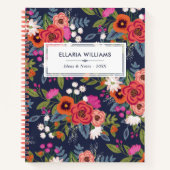 Boho Floral Pattern - Navy Blue & Coral - Naam Notitieboek (Voorkant)