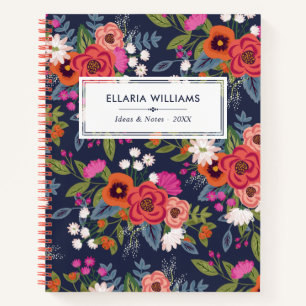 Boho Floral Pattern - Navy Blue & Coral - Naam Notitieboek