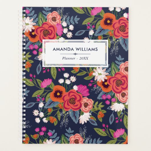 Boho Floral Pattern - Navy Blue & Coral - Naam Planner (Voorkant)