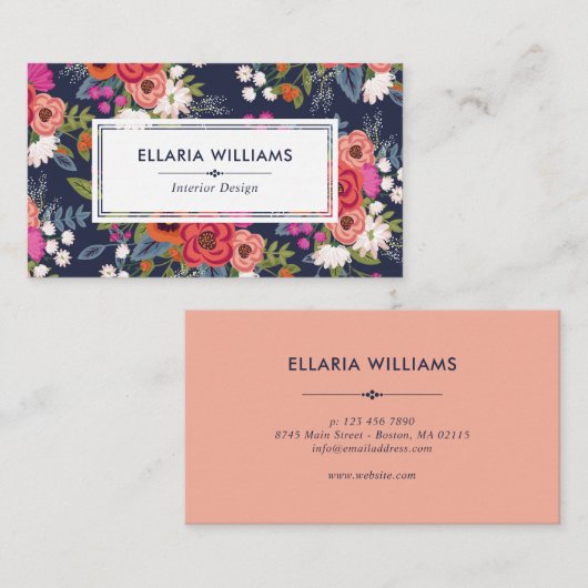 Boho Floral Pattern - Navy Blue & Coral Visitekaartje (Voorkant / Achterkant)