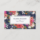 Boho Floral Pattern - Navy Blue & Coral Visitekaartje (Voorkant)