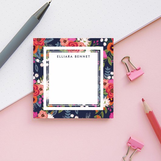 Boho Floral Pattern - Navy Blue - Custom Name Post-it® Notes