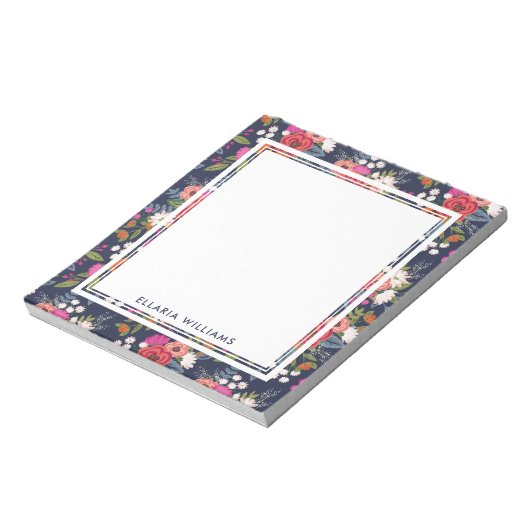 Boho Floral Pattern - Navy Blue - naam Notitieblok (Linkerzijde)