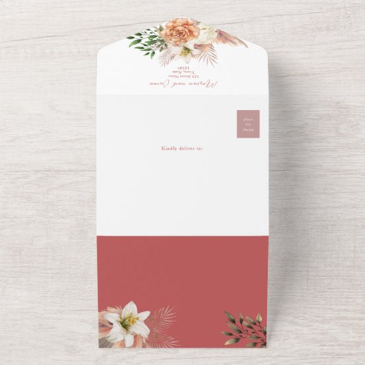 Boho Floral Peach Wedding All In One Uitnodiging (Buitenkant)