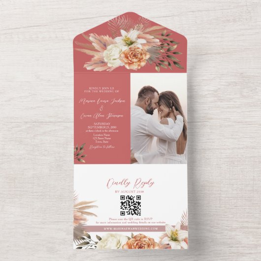 Boho Floral Peach Wedding All In One Uitnodiging (Binnen)