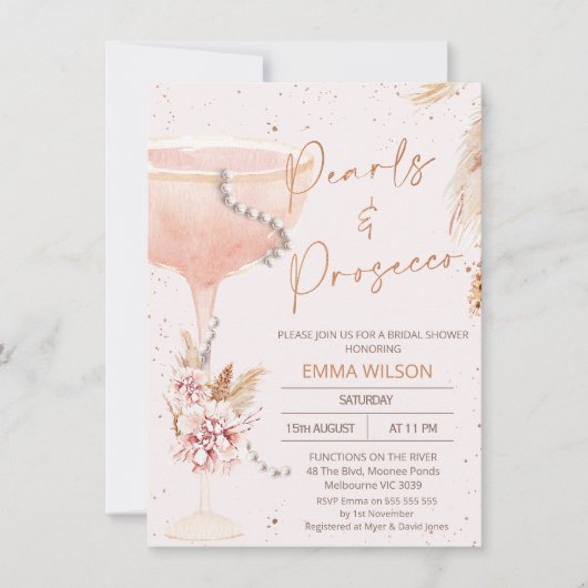Boho Floral Pearls Prosecco QR Code Vrijgezellenfe Kaart (Voorkant)