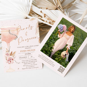 Boho Floral Pearls Prosecco QR Code Vrijgezellenfe Kaart