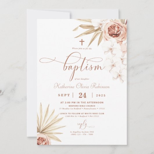 Boho Floral Photo Baptism Invitation Kaart (Voorkant)