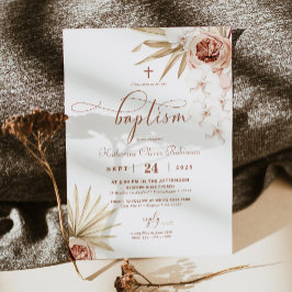 Boho Floral Photo Baptism Invitation Kaart