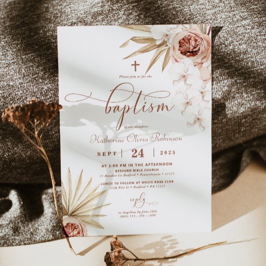 Boho Floral Photo Baptism Invitation Kaart