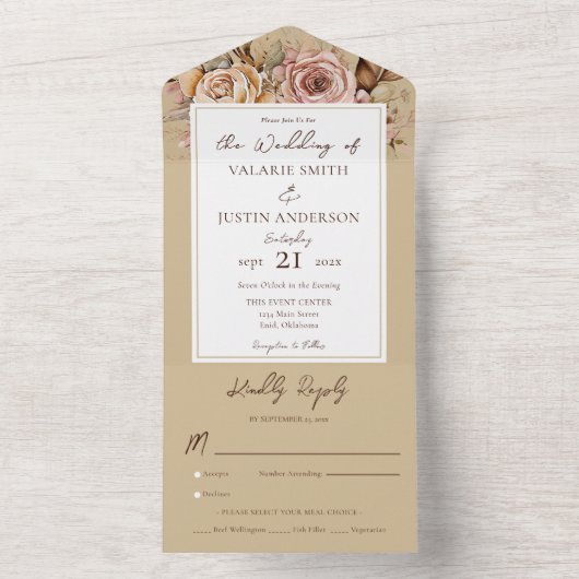Boho Floral Pink Beige Wedding All In One Uitnodiging (Binnen)