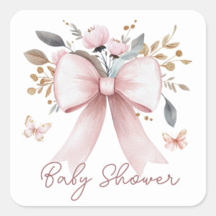 Boho Floral Pink Bow Girl Baby shower Vierkante Sticker