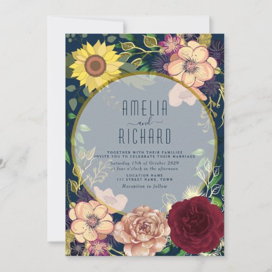 Boho Floral Pink en Navy Blue Wedding Invitation Kaart (Voorkant)