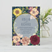 Boho Floral Pink en Navy Blue Wedding Invitation Kaart (Staand voorkant)