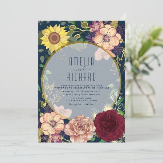 Boho Floral Pink en Navy Blue Wedding Invitation Kaart (Staand voorkant)