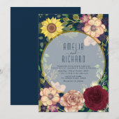 Boho Floral Pink en Navy Blue Wedding Invitation Kaart (Voorkant / Achterkant)