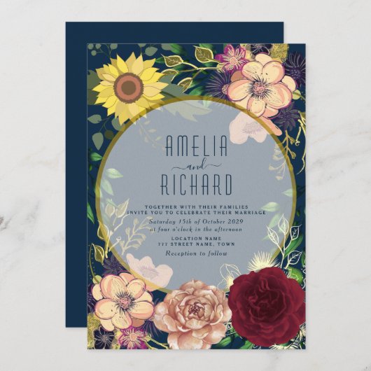 Boho Floral Pink en Navy Blue Wedding Invitation Kaart (Voorkant / Achterkant)