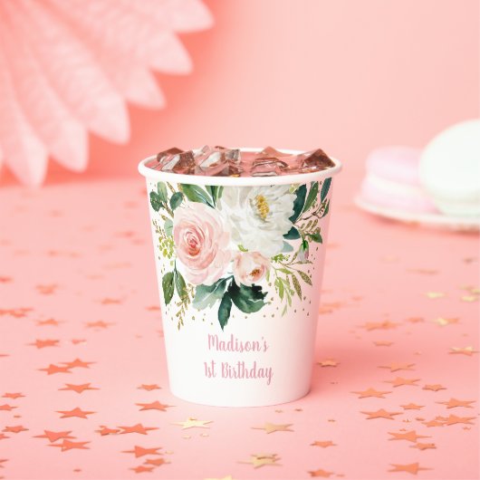 Boho Floral Pink Gold Birthday Papieren Bekers (Insitu)