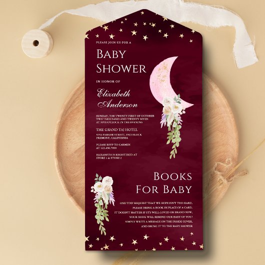 Boho Floral Pink Moon Burgundy Baby shower All In One Uitnodiging
