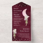 Boho Floral Pink Moon Burgundy Baby shower All In One Uitnodiging (Binnen)