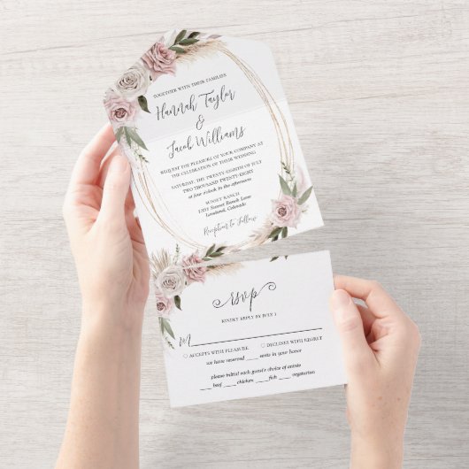 Boho Floral Pink Pampas Grass Wedding met RSVP All In One Uitnodiging (Afscheurbaar)