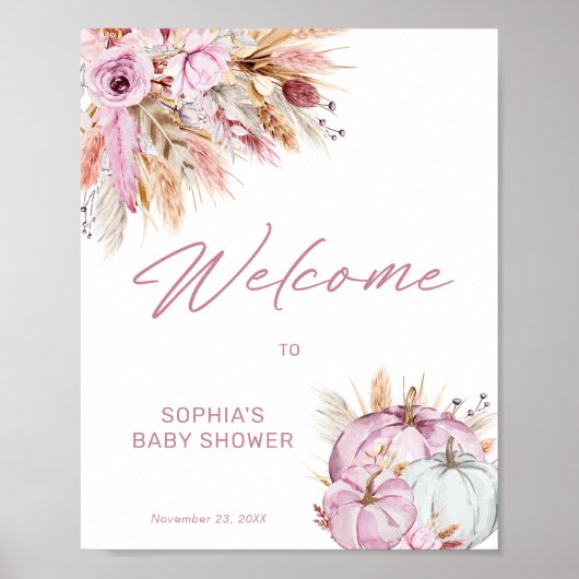 Boho Floral Pink Pumpkin Baby shower Welkom Poster (Voorkant)