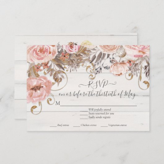 Boho Floral Pink Rose Rustic Wood RSVP Reactie (Voorkant / Achterkant)
