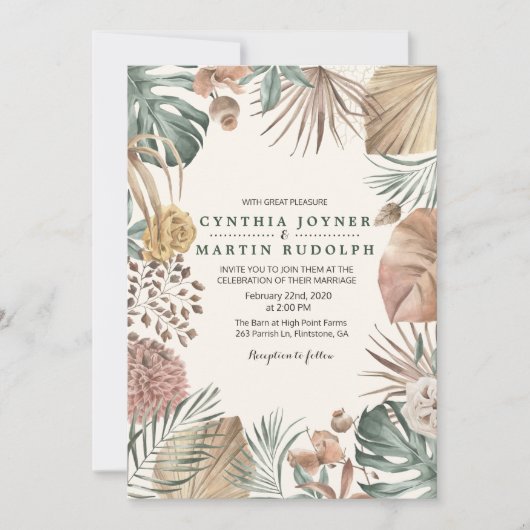 Boho Floral Plant Wedding Invitation Kaart (Voorkant)