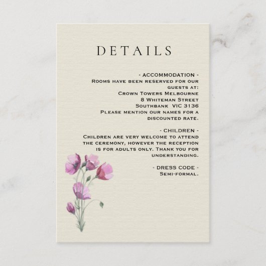 Boho Floral Plum en Beige Wedding Details Informatiekaartje (Voorkant)