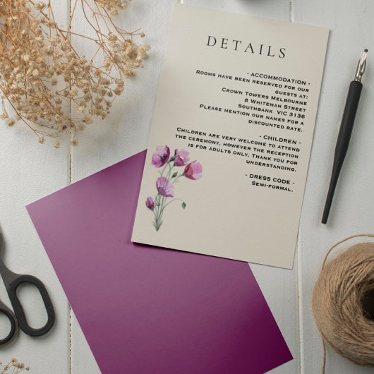 Boho Floral Plum en Beige Wedding Details Informatiekaartje