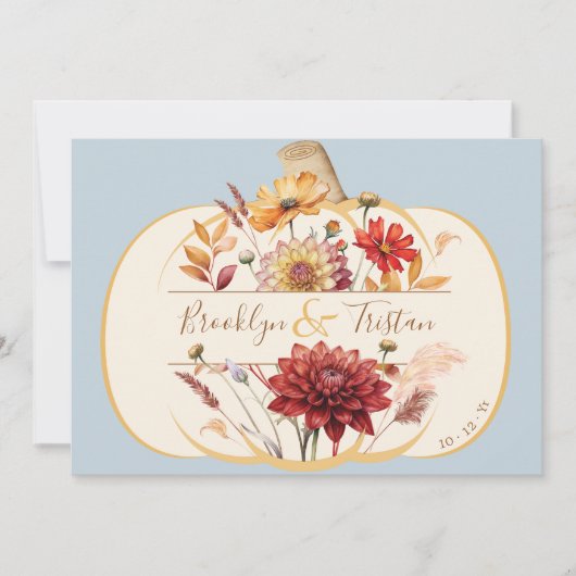 Boho Floral Pompoen Fall Wedding Stoffig Blauw Save The Date (Voorkant)