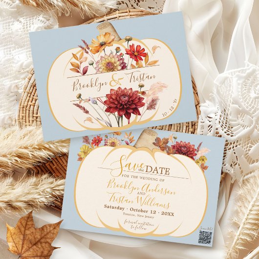 Boho Floral Pompoen Fall Wedding Stoffig Blauw Save The Date