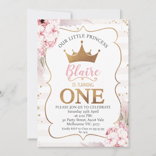 Boho Floral Prinses Kroon 1e Verjaardag Uitnodigin Kaart (Voorkant)