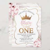 Boho Floral Prinses Kroon 1e Verjaardag Uitnodigin Kaart (Voorkant / Achterkant)