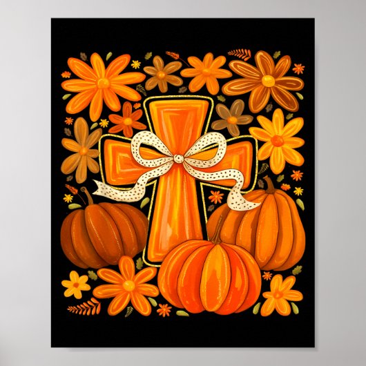 Boho Floral Pumpkin Cross Fall Jesus Christian Fai Poster (Voorkant)