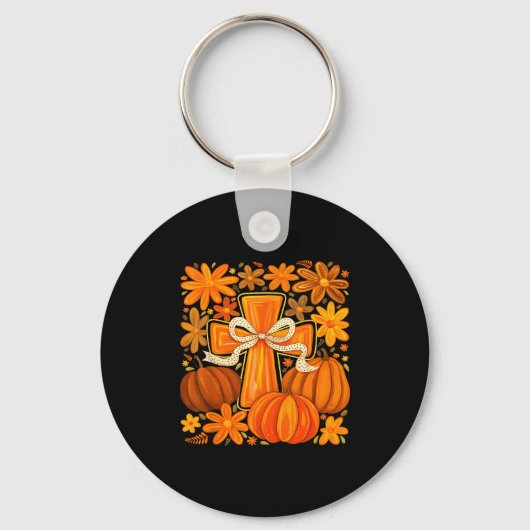 Boho Floral Pumpkin Cross Fall Jesus Christian Fai Sleutelhanger (Voorkant)